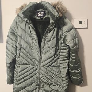 Lands' End Women's Olive Puffer Coat with Faux Fur Hood Size 1X GUC